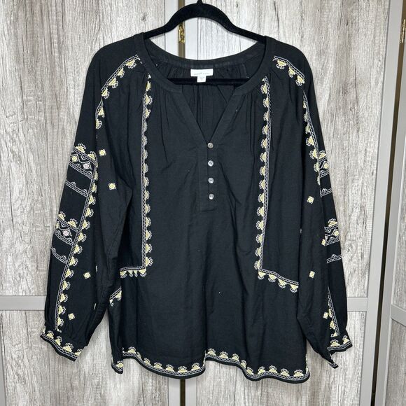 J. Jill Elements Embroidered Top Bohemian Lagenlook Black Balloon Sleeve Size XL - Picture 1 of 8